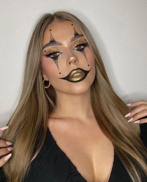 Mime Halloween Makeup, Gold Clown Makeup, Clown Glam Makeup, Glitter Clown Makeup, Payasa Makeup, Halloween Makeup 2023, Chola Clown Makeup, Halloween Makeup Glam, Hot Clown Makeup