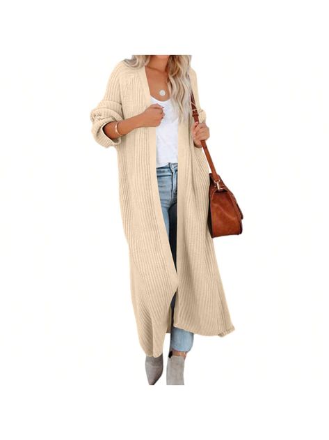 WarmWaves Women's Open Front Maxi Long Knitted Cardigan Solid Casual Loose Cable Sweater Coat Outwear Beige Casual  Long Sleeve  Plain    Women Clothing, size features are:Bust: ,Length: ,Sleeve Length: Duster Sweater Long Cardigan, Full Length Cardigan, Duster Coats For Women, Fall 2023 Cardigan, Ankle Length Cardigan Outfits, Beige Long Cardigan Outfit, Long Beige Cardigan Outfit, Long Knit Cardigan Outfit, Duster Sweater Outfits