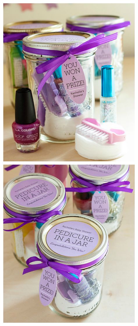 Pedicure in a jar gift idea Pedicure Gift Ideas, Nail Polish Gift Ideas Birthday, Pedicure In A Jar Gift Ideas, Mason Jar Nail Polish Gift, Spa In A Jar, Mason Jar Gifts For Granmda, Gifts In A Jar, Gifts Homemade, Baby Shower Drinks