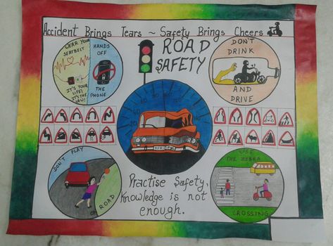 Road safety rules and symbols on chart with Brush pen and acrylic paints.... Road Safety Awareness Drawings, Road Safety Awareness Poster, Traffic Rules Drawing, Road Safety Painting, Traffic Awareness Drawing, Poster Making On Road Safety, Traffic Rules Poster Drawing, Traffic Safety Posters Drawing, Poster On Road Safety