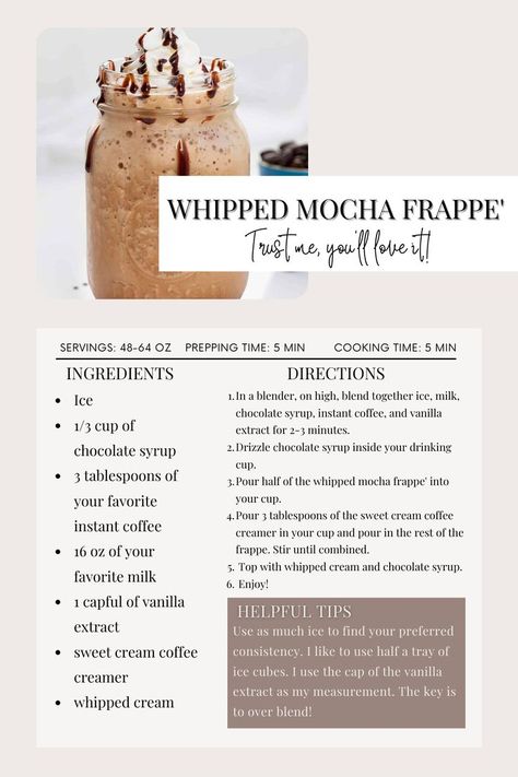 Homemade Frappe, Flavored Coffee Recipes, Instant Coffee Recipes, Mocha Frappe Recipe, Cold Drinks Recipes, Homemade Frappuccino, Frappe Recipe, Mocha Recipe, Cold Coffee Recipes