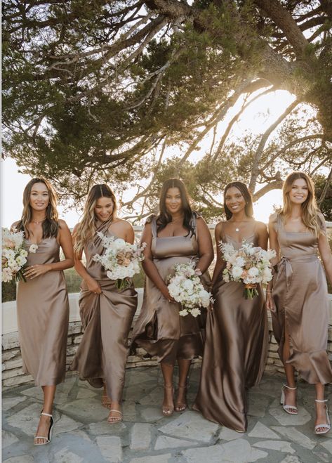 Tan Bridesmaids, Beige Bridesmaids, Taupe Bridesmaid, Hairstyles For Summer, Brown Bridesmaid Dresses, Taupe Bridesmaid Dresses, Beach Bridesmaids, Silk Bridesmaid Dresses, Neutral Bridesmaid Dresses