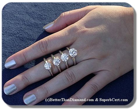 From left to right: 1.02 ct, 1.21 ct, 1.51 ct, 2.01 ct. 1 Ct Vs 2 Ct Diamond Rings, 1.25 Carat Engagement Ring, 1 5 Carat Round Engagement Ring, Carat Comparison, Karat Sizes, Carat Sizes, Diamond Carat Size, 1 Carat Diamond Ring, 5 Fingers