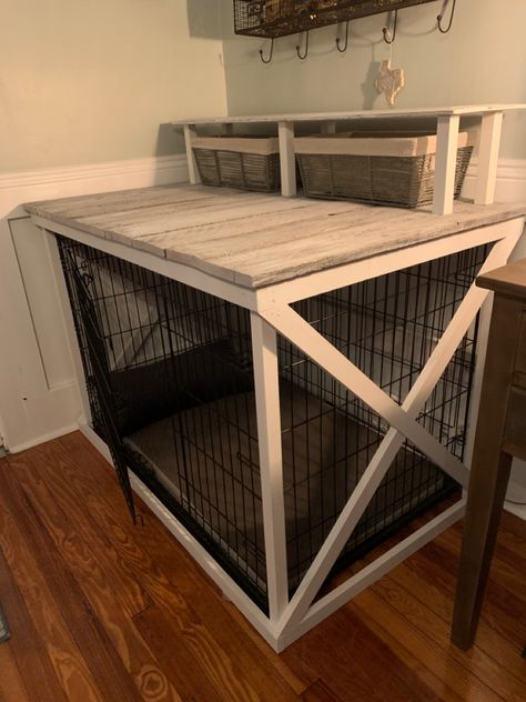 Dog Cage Decor, Crate For Dogs, Disguise Dog Crate, Living Room With Dog Crate, How To Hide Dog Crate Ideas, Dog Crate Desk, Dog Cage Ideas Indoor, Diy Dog Crate Table, Large Dog Crate Ideas