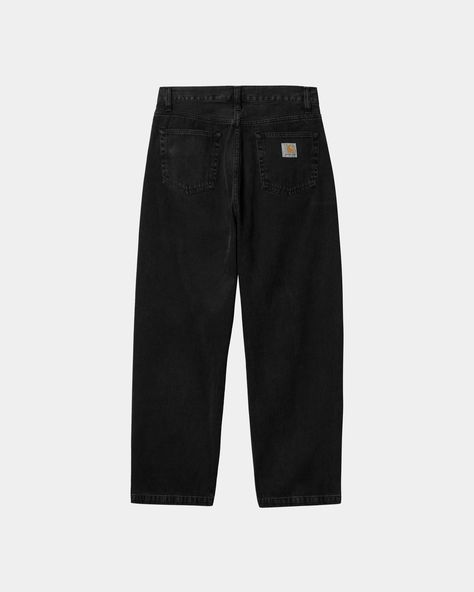 Color: Black (stone washed) - The Landon Pant is made of Robertson denim, which is a heavyweight fabric that has been stone-washed for a softer feel. It is cut in a loose tapered fit with a regular waist, meaning that the pant has a roomy upper leg which tapers below the knee. The five-pocket style is detailed with a Square Label on the rear. The  Brandon Pant has a similar loose fit with a straight leg. 100% Cotton 'Robertson' Denim, 12 oz, loose tapered fit, mid-rise, fits true to size, back y Black Denim Jeans Men, Carhartt Pants Outfit, Denim Jeans Outfit Men, Pantalon Carhartt, Ootd Pants, Jeans Outfit Men, Pants Outfit Men, Fits Aesthetic, Black Pants Men