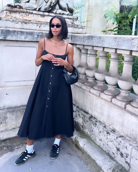 Dress With Sambas Outfit, Dresses With Sambas, Samba With Dress, Dress And Samba Outfit, Laura Harrier Style, Laura Harrier, Samba Outfit, Spring 23, Work Fits