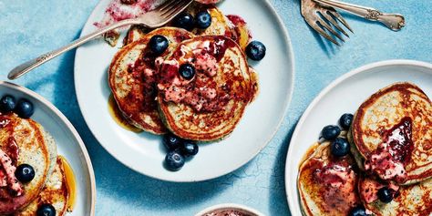 Blue Cornmeal Pancakes With Blueberry Butter recipe | Epicurious.com Blue Cornmeal Pancakes, Blueberry Butter Recipe, Blue Cornmeal, Blueberry Butter, Cornmeal Pancakes, Sweet Butter, Pancakes Ingredients, Blueberry Recipes, Easter Brunch