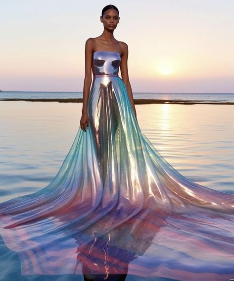 Flowing Outfits, Iridescent Outfit, Elegant Fitted Iridescent Dress, Iridescent Wedding Dress, Iridescent Fabric Dress, Ocean Inspired Dress, Iridescent Fantasy Dress, Ocean Inspired Couture, Water Inspired Dress Haute Couture