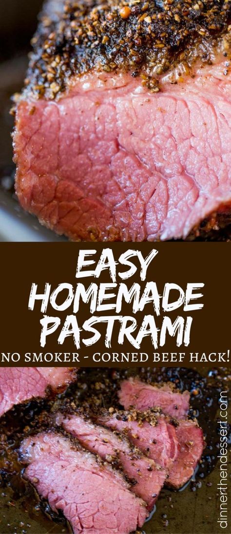 Easy Homemade Pastrami that tastes like your favorite deli sandwich without the high price tag using corned beef to skip the curing! Homemade Pastrami, Pastrami Recipe, Dinner Then Dessert, Pastrami Sandwich, Corned Beef Recipes, Homemade Lunch, Deli Sandwiches, Homemade Sausage, Rice Crispy Treats