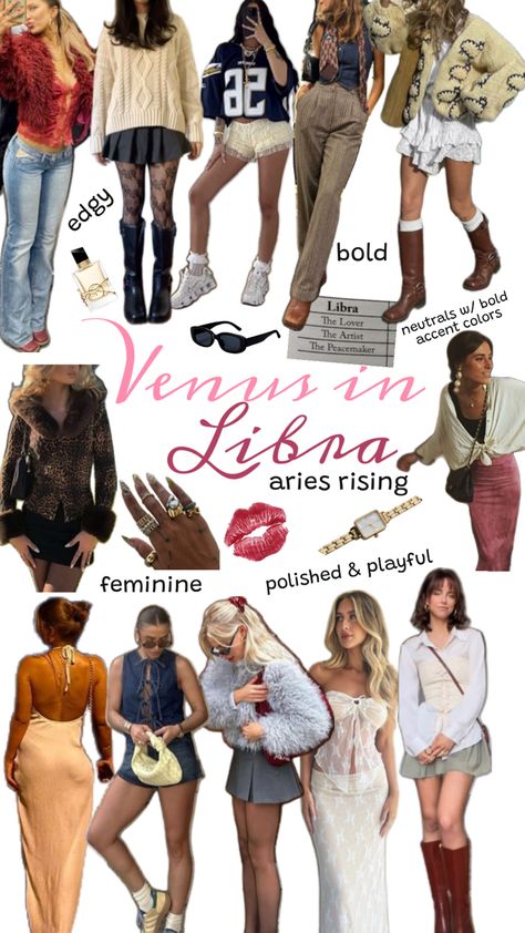 Venus in Libra Aries Rising Style Guide; this style is feminine and polished with a hit of playfulness and edgy from Aries. Libra Venus Style, Aries Outfits, Venus Capricorn, Rising Aries, Venus Outfits, Libra Style, Dream Life Board, Venus Taurus, Libra Aesthetic