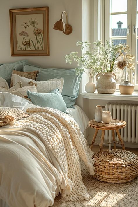 Calm Boho Bedroom Ideas, Boho Aesthetic House, Greek Bedroom Ideas, Bohemian Room Aesthetic, Cozy Beach Bedroom, Coastal Apartment Aesthetic, Beach Boho Bedroom, Bedroom Decor College, Boho Beach Bedroom