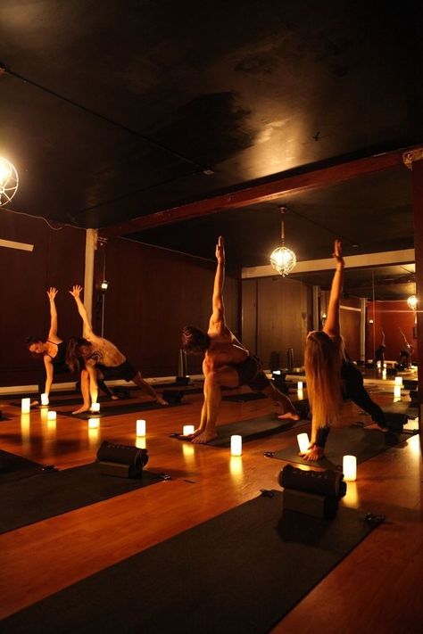 Candlelit Yoga Studio, Candlelit Yoga Aesthetic, Candle Light Yoga, Dark Yoga Studio, Dark Yoga Room, Hot Yoga Class Aesthetic, Candlelit Yoga, Yoga Class Aesthetic, Hot Yoga Room