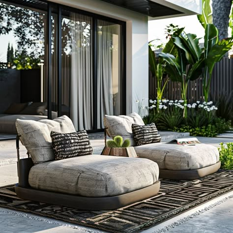 Backyard Design Ideas in Japandi and Scandinavian Styles Japandi Outdoor, Patio Seating Ideas, Backyard Layout Ideas, Pool Area Design, Front Porch Seating Ideas, Dubai Penthouse, Cozy Back Porch Ideas, Front Porch Seating, Japandi Furniture