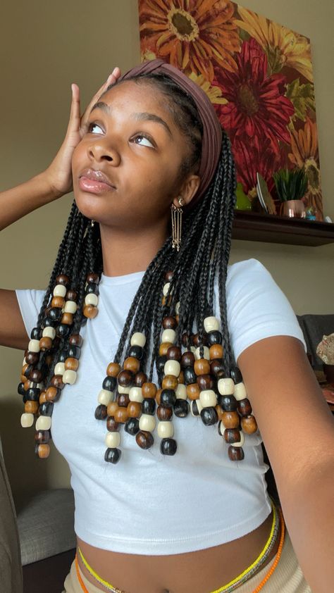 Box Braids With Wood Beads, Big Beads For Hair, Short Black Braids With Beads, Simple Summer Braids For Black Women, Long Twists With Beads, Braids With Wood Beads, Thai Braids, Box Braids With Wooden Beads, Braid Styles With Beads