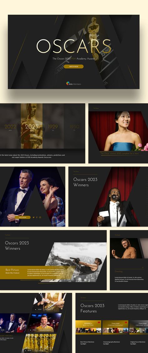 The Oscars Theme related PPT Templates. Get your own editable pre-designed slides. #SlideMembers #Oscars #Academy #Awards #Movie #Film #Cinema #Hollywood #Opening #Trophies #abc #Interview #Redcarpet #Photo #Winners #Actor #Directing #Spotlight #Nominee #Multipurpose #Proposal #Profile #Layout #Report #Cover #PPT #Portfolio #TemplateDesign #FreePowerpoint #FreePresentation #PowerpointTemplate #Presentation #Templates #FreeTemplate #Slides #GoogleSlides #PowerPoint #freePPT #PPTdownload #Keynote Awards Presentation Powerpoint, Award Presentation Design, Movie Presentation Design, Oscar Award Aesthetic, Powerpoint Cover Design, The Oscars 2023, Profile Layout, Oscars 2023, Argumentative Essay Topics