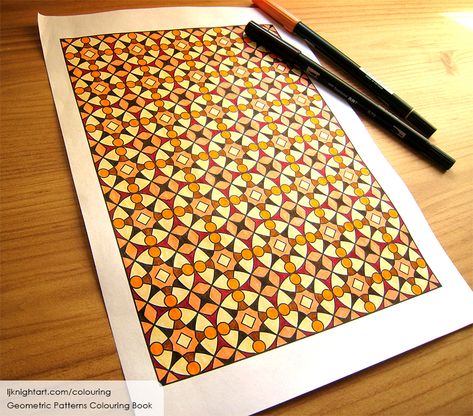 Coloured page from the Geometric Patterns Colouring Book Line Art Projects, Islamic Design Pattern, Abstract Art Geometric, Fineliner Art, Notebook Drawing, Geometry Tattoo, Art Painting Tools, Geometric Pattern Art, Pattern Coloring Pages