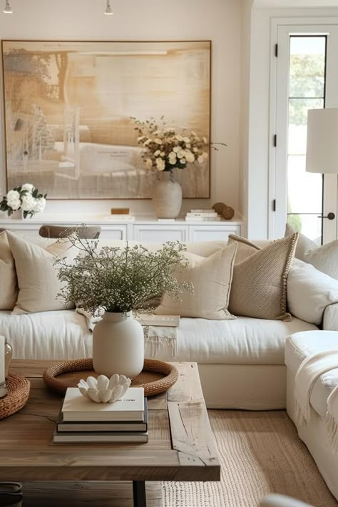 43 Neutral Living Room Ideas for Timeless Elegance - DecorWithEva Sofa Rustic, Neutral Living Room Ideas, Plush Sofa, Inspire Me Home Decor, Neutral Living Room, Living Room Scandinavian, Living Room Inspo, Living Room Ideas, Minimalist Living Room