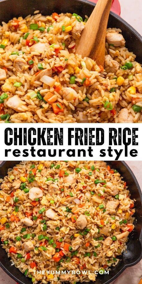 If you need a quick and easy dinner idea, look no further than The Yummy Bowl's chicken fried rice recipe! With just one skillet and 20 minutes, you'll whip up a dish that puts takeout to shame. Packed with flavor and chicken goodness, this fried rice is a healthier alternative to greasy options. It's quick, easy, and sure to satisfy your cravings! This recipe is sure to become a favorite family dinner! Quick Chicken Rice Recipes, Chicken Fried Rice With Frozen Veggies, Stir Fry Rice With Chicken, Chicken Fried Rice Bowl, Best Chicken Fried Rice Recipe Ever, Chicken Fried Brown Rice Recipe, Asian Chicken Fried Rice, Fried Rice Restaurant Style, Chicken Fried Rice With Oyster Sauce