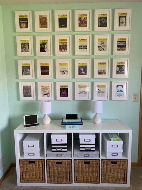 How To Display Playbills, Movie Display, Displaying Playbills, Playbill Display Ideas, Playbill Wall, Broadway Bedroom Ideas, Display Playbills Wall Art, Broadway Room Decor, Broadway Playbills Display