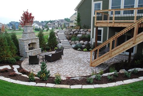 Daylight Basement Landscaping, Backyard Multi Level Deck Ideas, Walkout Basement Landscaping, Walkout Basement Patio, Backyard Builds, Cabin Landscaping, Basement Patio, Reno Tips, Land House