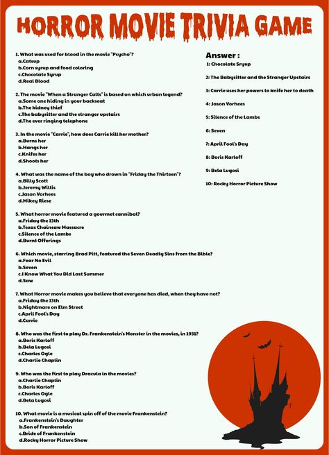 Horror Movie Trivia Questions And Answers Printable Scary Movie Trivia And Answers, Horror Movie Party Games, Horror Birthday Party Games, Horror Movie Trivia Questions, Horror Movie Games, Halloween Movie Trivia Questions And Answers, Horror Activities, Halloween Movie Trivia And Answers, Horror Party Games