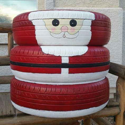 Santa Claus recycled old tires | Best Recycled Tire Christmas Decoration Ideas | FarmFoodFamily.com Tire Christmas Decorations, Tire Ideas, Tire Projects, Recycled Christmas Decorations, Tire Craft, Inflatable Christmas Decorations, Recycled Tires, Tire Garden, Recycled Christmas