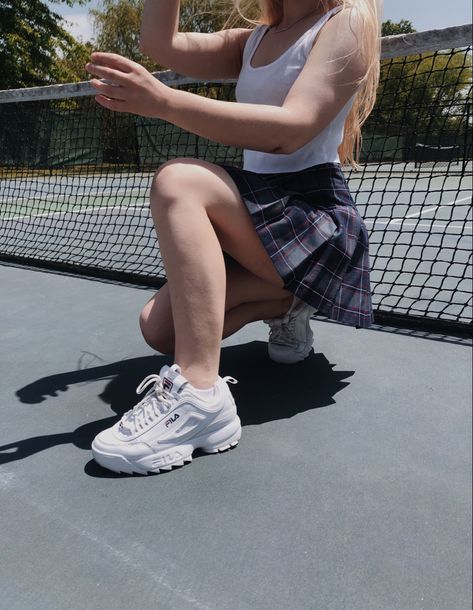 Tennis skirt; white tank top; Fila Disruptor II sneakers Fila Disruptor Ii Outfit, Fila Disruptor Outfit Women, Fila Disruptor Outfit, Fila Shoes Outfit, Fila Disruptor Ii, Sneaker Outfits Women, Fila Disruptor, Fila Disruptors, Aesthetic Fits