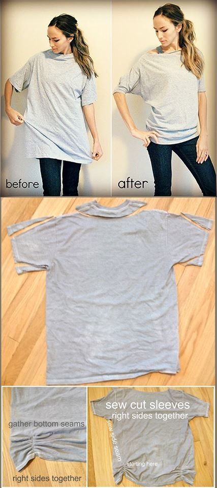 I can do this with the t shirts my dad gave me!! Since they are too big and men's. Shirt Makeover, Tshirt Makeover, Diy Vetement, Trendy Sewing, Shirt Refashion, T-shirt Refashion, Altering Clothes, Creation Couture, Recycle Clothes