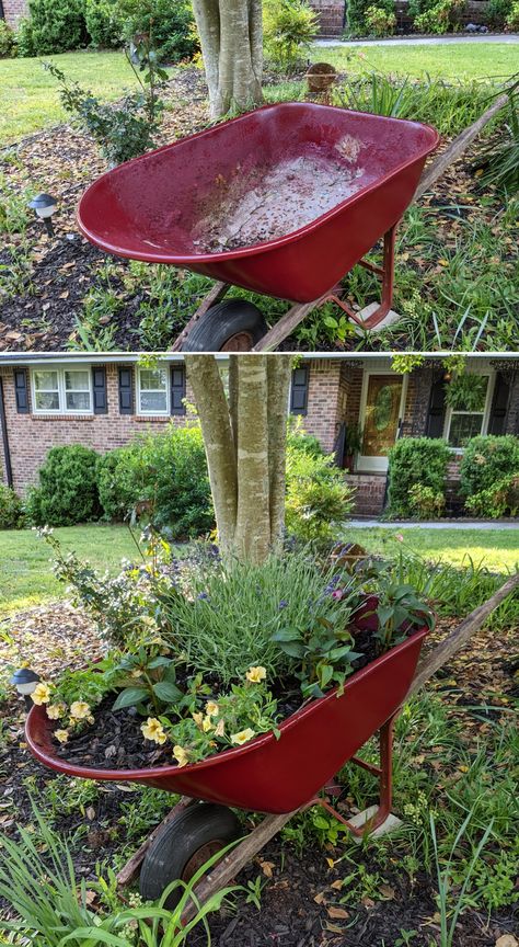 Diy Wood Wheelbarrow, Herb Garden In Wheelbarrow, Fairy Garden Wheelbarrow Ideas, Planting Flowers In An Old Wheelbarrow, Fairy Wheelbarrow, Rustoleum Paint, Wheelbarrow Planter, Wheelbarrow Garden, Fairy Garden Diy