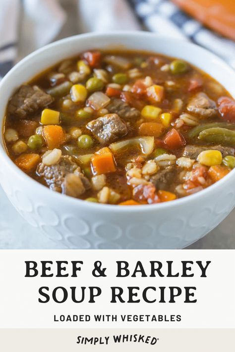 This easy, vegetable beef barley soup recipe is made with simple ingredients and simmered on the stovetop for a hearty, healthy soup. Healthy Beef And Barley Soup, Healthy Vegetable Beef Soup Crockpot, Simple Vegetable Beef Soup, Beef Barley Vegetable Soup Recipes, Healthy Beef Barley Soup Recipes, Easy Beef Barley Soup Stovetop, Vegetable And Barley Soup, Healthy Barley Soup, Easy Beef Barley Soup In Crockpot