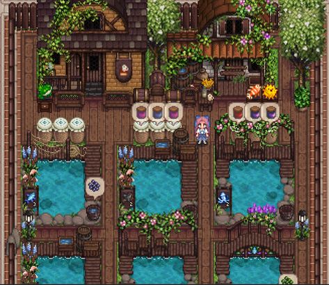 Overgrown Garden Farm Stardew Valley, Stardew Valley Pond Layout, Stardew Valley Fish Pond Layout, Stardew Valley Pond Ideas, Stardew Valley Building Colors, Stardew Valley Garden Design, Stardew Valley Bee House Layout, Stardew Town Decoration, Stardew Valley Fish Pond