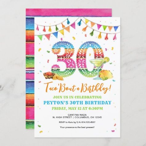 $2.65 | Taco Bout a 30th Birthday Fiesta Invitation #30th birthday invitation, 30th party invite, 30th fiesta invitation, taco bout 30, mexican themed, celebration, spanish, cheers to 30, colorful, fiesta themed 40th Birthday Fiesta, 30th Birthday Fiesta, 65th Birthday Invitations, Mexican Invitations, Birthday Fiesta, 30th Birthday Party Invitations, 40th Birthday Party Invites, Birthday Flags, 30th Party