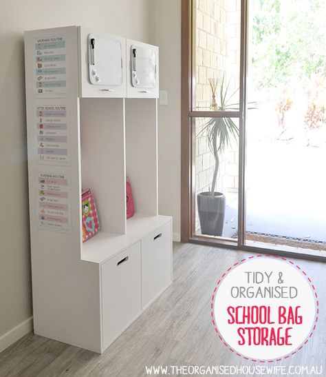 A tidy and organised area for school bags, hats and books School Bag Storage Ideas, Bag Storage Ideas, School Bag Organization, School Bag Storage, Organised Housewife, School Organisation, School Storage, Launch Pad, Home Organisation