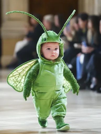 ↑↑↑ Larger size on website 🔸 A baby in a green, fuzzy grasshopper costume walks down a runway. The costume has large, feathery wi Grasshopper Costume, Realistic Wings, A Crowd Of People, Serious Expression, Crowd Of People, Out Of Focus, Fashion Show, Walking, Baby Face