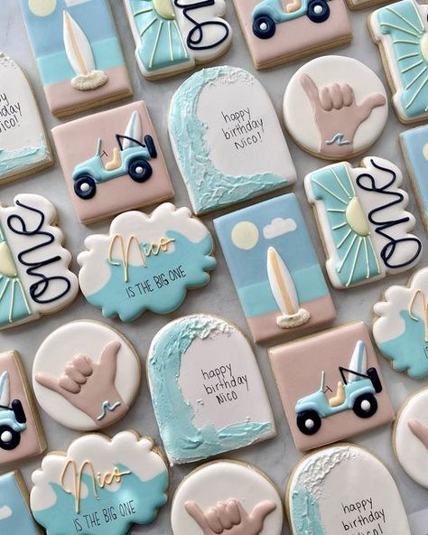 Wave Cookies Decorated, Surf Theme Cookies, Waves Four Days Birthday, The Big One Birthday Cookies, The Big One Surf Birthday Cookies, The Big One Cookies, First Wave Birthday Party, Wave Cookies, Surf Cookies