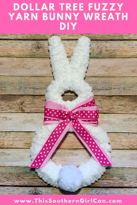 Dollar Tree Fuzzy Yarn Bunny Wreath DIY Yarn Bunny, Easter Wreath Diy Dollar Stores, Dollar Tree Easter Decor, Bunny Wreath Diy, Easter Tree Diy, Dollar Tree Easter Crafts, Easter Mesh Wreaths, Diy Tree Decor, Rabbit Wreath