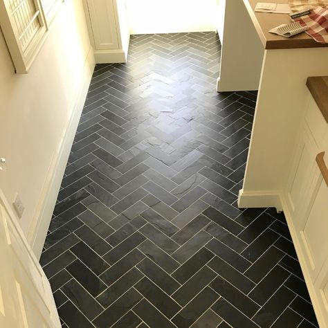 All Posts • Instagram Black Herringbone Floor, Light Grey Grout, Black Herringbone Tile, Farmhouse Powder Room, Entryway Tile, Slate Floor, Mudroom Laundry, Laundry Room/mud Room, Black Grout