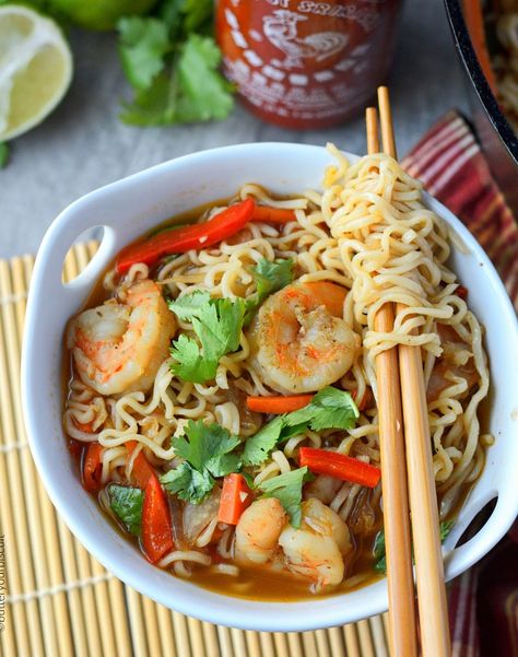 Shrimp Ramen Bowl, Spicy Shrimp Ramen, Shrimp Ramen, Asian Soups, Ramen Dishes, Spicy Prawns, Ramen Bowls, Homemade Ramen, Ramen Noodle Recipes