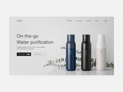 Hey everyone,   Here is a concept for the landing page hero image for a cool water bottle company that filters water with UV tech.  Let me know what you guys think.   Lets connect LinkedIn  Don’t f... Water Bottle Website Design, Website Styles, Cool Water Bottle, Newsletter Design Inspiration, Website Moodboard, Ui Website, Hero Image, Bottle Design Packaging, Designing Ideas