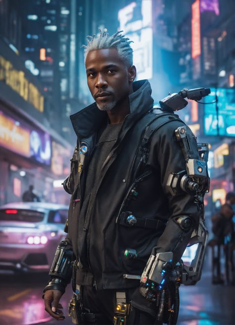 Lexica - A black man with grey hair and robotic eyes dressed in a futuristic suit in a cyberpunk city Cyberpunk Panam Palmer, Futuristic Character Design Male, Cyberpunk Art Male, Sci Fi Hairstyles, Man With Grey Hair, Futuristic Space Suit, Futuristic Character Design, Cyberpunk Hair, Futuristic Suit