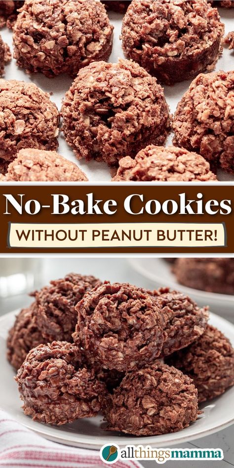 No Bake Cookies (Without Peanut Butter) social collage graphic No Back Cookies, The Best No Bake Cookies, No Bake Cookies Recipe Peanut Butter, Cream Cheese Spritz Cookies, Nut Butter Cookies, Nut Free Cookies, Nut Free Desserts, Best No Bake Cookies, Easy No Bake Cookies