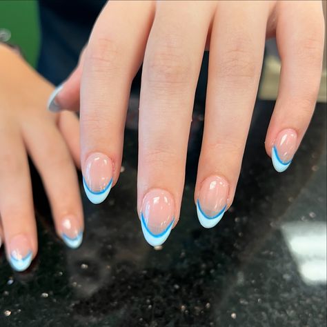 Dainty blue line French manicure 💙✨Brushed Nail Salon 460 Hurffville Crosskeys Rd Sewell, NJ 08080 ✨ #shortnails #longnails #coffinnails #stilletonails #almondnails #trendingnails #southjerseynails #foryou #trending #nailsnailsnails @moniquebrushednailsalon Blue French Tip Nails, Blue French Tip, Blue French, Tip Nails, French Tip Nails, French Manicure, Tiffany Blue, Blue Line, Nail Salon