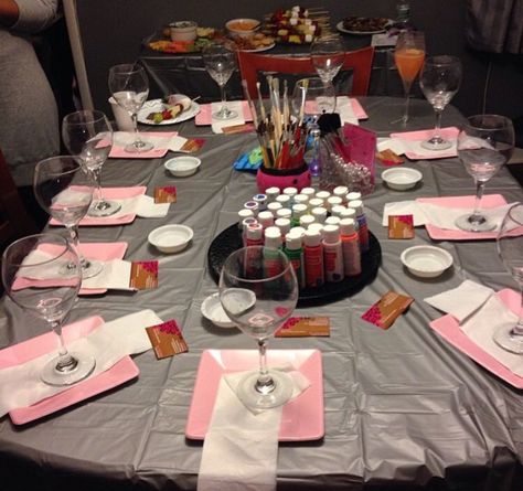 Wine And Paint Party Ideas Girls Night, Juice And Paint Party, Sip And Paint Ladies Night Ideas, Bridal Paint Party, Paint Party Set Up Ideas, Wine And Canvas Party, Bachelorette Sip And Paint Ideas, Zip And Paint Party Ideas, Group Painting Party