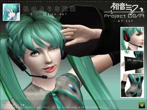 Screaming Mustard's [ Project Diva ] - AF Set Sims 4 Cc Hatsune Miku Outfit, Sims 4 Miku Hair, Sims 4 Hatsune Miku, Miku Sims 4 Cc, Sims 4 Cc Hatsune Miku, Vocaloid Sims 4 Cc, Sims 4 Vocaloid Cc, Sims 4 Vocaloid, Sims Costume