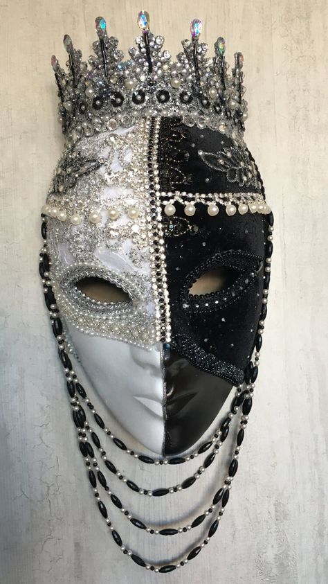 Unique full face mask, handcrafted in dramatic black and white. Embossed silver/white brocade and black velvet fabric embellished with diamantes, pearls, braid, crystals and jet beads. Stunning wall decoration for your home or studio or perfect as a unique statement piece for that masquerade ball or party.  Each Tiaura Arts piece comes with signed and dated certification detailing its unique title and catalogue number.  To see the full range of my work, I invite you to visit my website: www.tiau Masquerade Mask Full Face, Venice Carnival Costumes, Venice Mask, Unique Masks, Black Velvet Fabric, Ball Mask, Masked Ball, Mask Masquerade, Masquerade Costumes