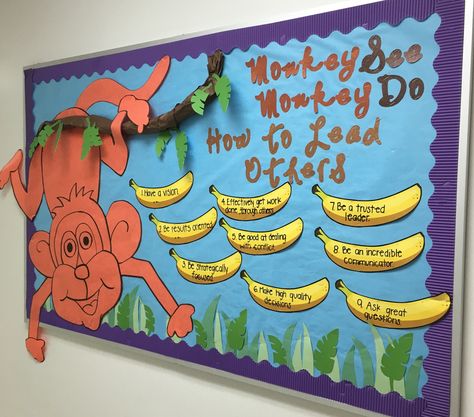 Leadership Bulletin Board: Monkey See, Monkey do, how do you lead others, via Sarah in Keller Finding Info Bulletin Board, Leadership Ra Bulletin Boards, Monkey Bulletin Board Ideas, Leadership Bulletin Boards, Monkey Themed Classroom, Monkey Bulletin Boards, Jungle Bulletin Boards, Finals Bulletin Board Ra, Midterms Bulletin Board Ra