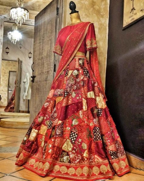 Patchwork Lehengas Are In & Here's Where To Get Them! Patchwork Lehenga, New Lehenga, Mumbai Fashion, Indian Bridesmaid Dresses, Desi Dress, Saree Wearing, Match Collection, Designer Bridal Lehenga, Indian Bridal Lehenga