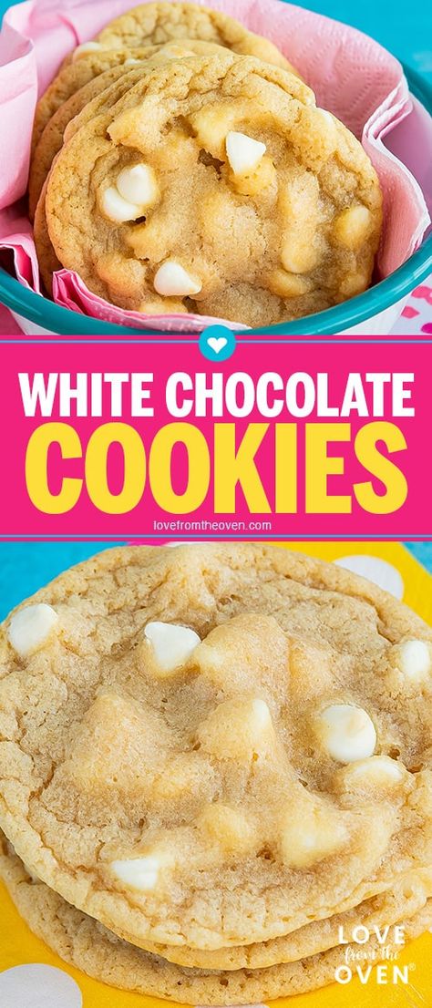 These easy, chewy WHITE CHOCOLATE CHIP COOKIES are SO good! Simple recipe, great results, will make again! #cookies #whitechocolatechipcookies #whitechocolatechips #chocolatechipcookies #recipes #dessert #baking #lftorecipes White Choc Chip Cookies, White Chocolate Chips Recipes, White Chocolate Chip Cookies Recipes, White Chocolate Chip, White Chocolate Chip Cookies, White Chocolate Cookies, Cookie Bar, Choc Chip Cookies, Buttery Cookies