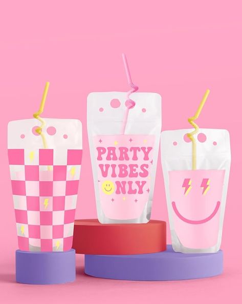 Party Vibes Only: our 15 pack yellow and pink Preppy Party Drink Pouches are the birthday party addition you've been looking for + a guaranteed hit! Squad Approved: have fun celebrating with these Preppy Party Drink Pouches! The pouches come in 3 designs with 5 pcs per each including a checker print design, lightening smiley face design, and ""Party Vibes Only"" design. Pink + yellow twisty straws included. Pink Preppy Party, Birthday Drink Pouches, Y2k Bachelorette Party, Preppy Party Decorations, Y2k Bachelorette, Smiley Party, Cute Birthday Party, Preppy Birthday, Drink Pouches