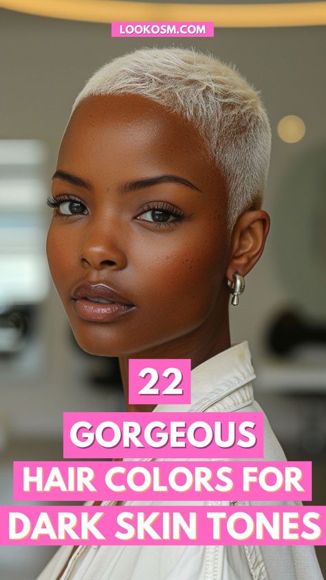 22 Hair Colors for Dark Skin Tones to Try Today Strawberry Blonde 4c Natural Hair, Light Pink Hair On Black Women, Different Hair Colors For Short Hair, Dyed Bald Hair Black Women, Blonde Hair Color For Dark Skin, Hair Color Rinse Black Women, Color On Brown Skin Women, Short Coloured Hair Black Women, Hair Color For African American Women